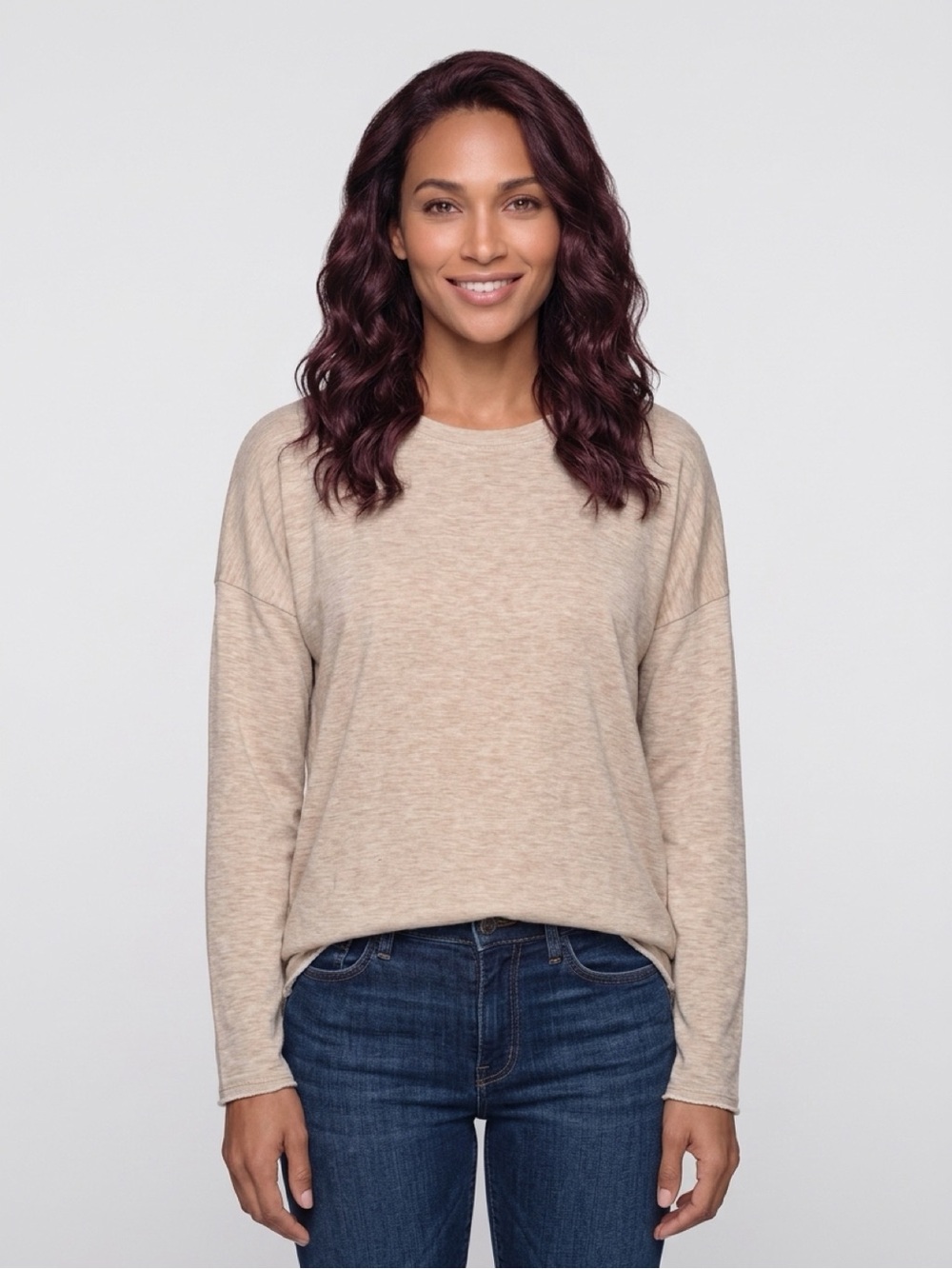 Pink Lily Beige Long Sleeve Crewneck Top